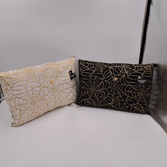 Set of 2 Halloween Spider web pillows New 1 Black Gold 1 Cream Gold - Picture 1 of 5